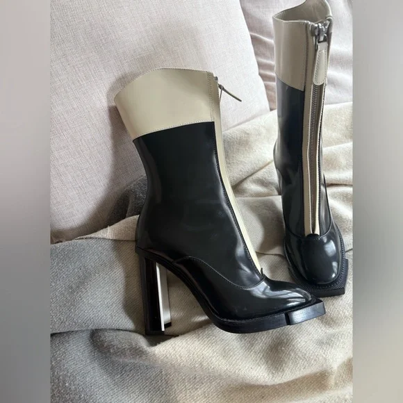 NEW Alexander McQueen Black Cream Patent Leather Mid-Calf Heeled Boots 36 6 5.5 - Picture 4 of 10